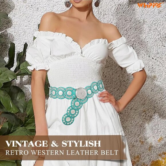 Women Vintage Disc Waist Concho Leather Belt Boho Waist Belt Green Silver Buckle main image 5